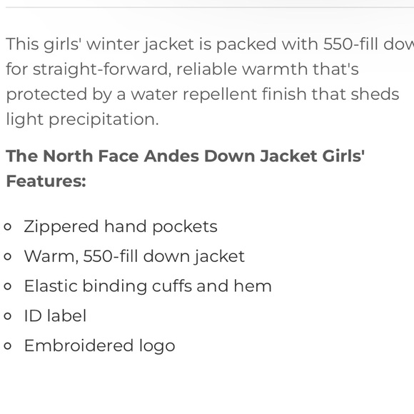 THE NORTH FACE ANDES DOWN JACKET GIRLS', XS (6) - Picture 9 of 10